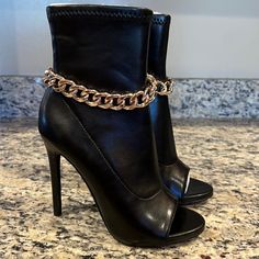 Steve Madden Faux Leather Heeled Open Toe Boots In Black With Silver Chain Embellishment - Inside Zip Closure - Ankle Material Has Stretch - Brand New - No Box - No Tags - Some Mild Material Wrinkling At Tops From Department Store Storage Without Support Inserts As Pictured - Pu Upper, Pu & Fabric Lining - Pu Sock - Manmade Outsole - Size 7m - Shelfm-Bin3