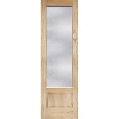 a wooden door with frosted glass on the top and bottom panel, against a white background