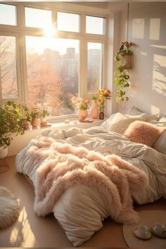 a bedroom with large windows, plants and blankets on the bed in front of it