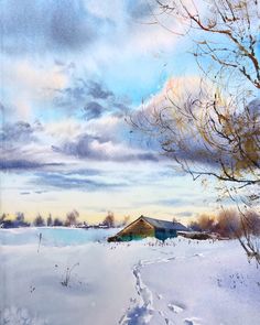 a painting of a snow covered field with a house in the distance