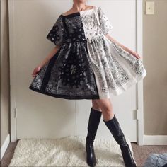 Handmade Black White Bandana Dress Babydoll 100% Cotton. 100% Handmade. Made To Order. Sizes Xs To 5x. Approximate Measurements Of Size L Laying Flat: Pit To Pit: 20”. Pit To Hem: 23”. Shoulder To Hem: 32”. Waist: 19��”. Seen On 5'5” Tall. Brand New. See Pictures For Full Details. Bandana Dress, Dresses Handmade, White Bandana, Half And Half, Upcycled Fashion, Black & White, Houston Texas, Babydoll Dress, Upcycle Clothes