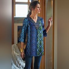 New With Tags. Multi Colored With Purple, Blue, Green. Velvet Burnout Style, Semi Sheer. Embellished Neckline. 20" Pit To Pit. 29" Length. Kimono Ideas, Three Quarter Sleeve Blouses, Velvet Burnout, Embroidered Tunic Top, Burnout Velvet, Pink Tunic, Boho Tunics, Intricate Embroidery, Embroidered Tunic