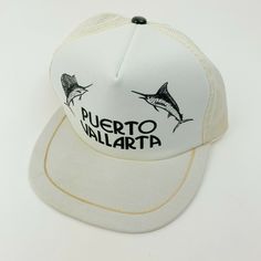 Please do not hesitate to ask any questions, I am happy to provide specific measurements upon request. Smoke free, pet free. Will ship in a box. Vintage Snapback Baseball Cap For Beach, Vintage White Baseball Cap For Sports, Vintage White Hat, One Size Fits Most, Vintage White Hat One Size Fits Most, Vintage White Trucker Baseball Cap, Vintage White Trucker Hat For Beach, White Retro Baseball Cap For Beach, Vintage White Baseball Cap With Curved Brim, Vintage White Baseball Cap