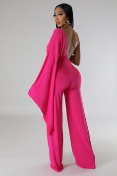 DETAILS: Stretch jumpsuit V-neck One shoulder Long sleeve Asymmetrical Open back Zipper closure Inseam is 35 inches 94% Polyester 6% Spandex Hand wash cold Model is wearing a small MODEL STATS Height: 5.6"Bust:32" / Waist:25" / Hips:41" See Sizes in Size Chart Pink Jumpsuits Outfit, Jumpsuit Outfit Casual, Jumpsuit V Neck, Pink Dress Outfits, Bell Bottom Jumpsuits, Black Casual Shirt, Pink Dress Short, Stretch Jumpsuit, Women Jumpsuit