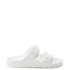 Womens Birkenstock Arizona EVA Sandal - White | Journeys Synthetic Double Strap Footbed Sandals For Summer, Trendy Double Strap Synthetic Slides, Trendy Synthetic Double Strap Slides, Adjustable Strap Synthetic Footbed Sandals For The Beach, Synthetic Footbed Sandals With Adjustable Straps For Vacation, Synthetic Footbed Sandals With Textured Footbed For Vacation, Synthetic Double Strap Sandals For Vacation, Trendy Adjustable Strap Sport Sandals For Vacation, Beach Sandals With Adjustable Strap