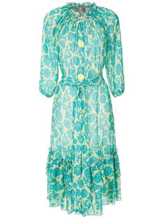 Blue Valerie midi dress from Clube Bossa featuring a round neck, a tie waist, three-quarter length sleeves, elasticated cuffs, side pockets, a ruffled hem, an all-over print, a mid-length and a flared skirt. | Clube Bossa Valerie midi dress Midi Dress Green, Abstract Fashion, Teal Yellow, Vestido Casual, Blue Midi Dress, Flared Skirt, Flare Skirt, Stylish Dresses, Three Quarter