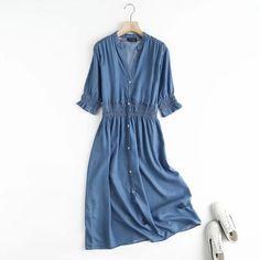 Size Length Bust Sleeve cm inch cm inch cm inch S 112 44.09 104 40.94 28 11.02 M 113 44.49 108 42.52 29 11.42 Casual Denim V-neck Dress, Fitted V-neck Denim Dress For Summer, Chic V-neck Denim Dress For Spring, Light Blue V-neck Solid Color Dress, Spring Light Blue Solid Midi Dress, Spring Casual Solid Color Denim Dress, Blue Non-stretch Denim Dress With Short Sleeves, Casual Solid Color Denim Dress, Light Blue Long Sleeve Denim Dress For Summer