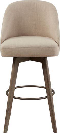 an upholstered stool with wooden legs and a grey fabric seat pad on the back