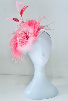 Coral Pink Kentucky Derby Hat,  Coral Pink Derby Fascinator Hat Headband,  Choose Bright Coral Flower Feather Combination or Pink Feather Combination  Each Hat has with loaded with Coqui Feathers, Marabou Feather  and 3 ply Ostrich Feather, on a White Texture Sinamay Disk Hat on a Headband. Message me if you need customization. Send me photos of your outfit Summer Races Ostrich Feather Headpiece, Summer Ostrich Feather Mini Hats For Races, Summer Races Mini Hat With Ostrich Feathers, Summer Mini Hats With Ostrich Feathers For Races, Summer Race Day Mini Hats With Ostrich Feathers, Fitted Pink Mini Hat With Feather Trim, Ostrich Feather Mini Hat For Royal Ascot Races, Ostrich Feather Fascinator Hat For Kentucky Derby, Ostrich Feather Fascinator For Kentucky Derby