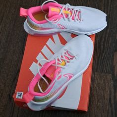 Girls Nike-White, Pink And Yellow Does Not Have Box, Wrong Size Was Sent. White Low-top Running Shoes For School, Casual White Running Shoes For School, White Lace-up Running Shoes For School, Nike Shoes Girls, Girls Nike, Nike Pink, Nike White, Pink And Yellow, Nike Sneakers