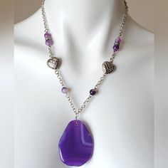 Handmade By Me Years Ago, Made With Silvertone Chain, Heart Pendants And Purple Agate Beads And Stone. This Has Some Weight To It Due To The Focal Stone, Even The Hearts Have A Little Weight To Them. Never Worn Heart-shaped Agate Jewelry With Natural Stones, Heart Shaped Agate Jewelry With Natural Stones, Handmade Silver Agate Beaded Necklaces, Silver Agate Beaded Necklaces With Round Beads, Silver Beaded Agate Necklaces With Natural Stones, Handmade Silver Agate Necklaces, Silver Beaded Agate Necklace, Silver Crystal Necklaces With Polished Beads For Gifts, Silver Beaded Necklace With Agate