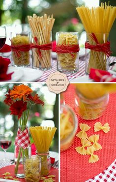 several pictures of different types of pasta in glass vases with red and white checkered table cloth