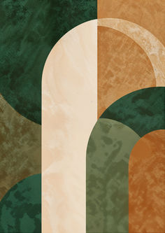 an abstract painting with circles and curves in shades of green, brown, beige and orange