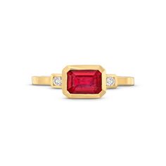 This Emerald Cut Ruby Ring is crafted in 14K yellow gold and showcases an emerald cut ruby of approximately 1.20 carats, flanked by 0.6 carats of brilliant cut diamonds on either side. Emerald Cut Ruby Ring In Gold, Emerald Cut Ruby Ring In Yellow Gold, Emerald Cut Ruby Ring In 14k Gold, Diamonds Direct, Ruby And Diamond Ring, Diamond Education, Fine Jewelry Designers, Mens Jewelry Bracelet, Diamond Pendant Necklace