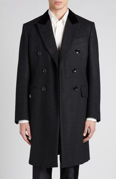 Tom Ford's contemporary elegance shines through in the masterful tailoring of this double-breasted coat crafted of wool and cashmere in a herringbone weave. Double-breasted button closure Peaked lapels Five-button cuffs Chest welt pockets; front flap pockets Lined 95% wool, 5% cashmere Dry clean Imported Designer Clothing Elegant Double Breasted Business Suit For Winter, Luxury Fitted Pea Coat With Hidden Button Closure, Luxury Fitted Pea Coat With Hidden Buttons, Elegant Semi-formal Pea Coat With Double Button Closure, Winter Formal Double Breasted Suit With Button Closure, Luxury Fitted Wool Coat With Double-breasted Buttons, Luxury Double-breasted Peacoat For Work, Luxury Pea Coat With Double Button Closure, Luxury Fitted Pea Coat With Button Closure