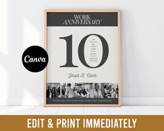 a framed photo with the words, work anniversary 10 and an image of two people