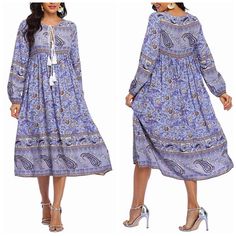 Beautiful Boho Dress Is Soft, Breathable And Lightweight. Comfy With A Deep V-Neck And Tassels At The Neckline. Absolutely Gorgeous And Instantly Eye-Catching With Its Distinctive Floral Print Design, This Casual Boho Dress Is Available In A Range Of Colors And Suitable For All-Season Wear. Blue Boho Print V-neck Midi Dress, Blue V-neck Boho Print Midi Dress, Blue Boho Print Long Sleeve Midi Dress, Blue Long Sleeve Midi Dress With Boho Print, Casual Boho Dress, Beautiful Boho Dresses, Bohemian Midi Dress, Dresses Casual Boho, Knit Shift Dress