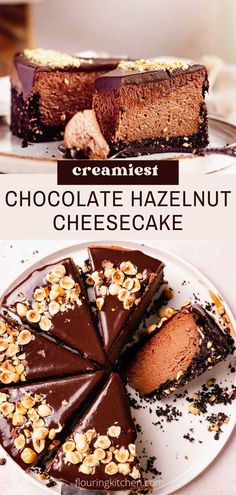 chocolate cheesecake cut into slices with roasted hazelnuts on top Chocolate Cake With Hazelnut Filling, Hazelnut Cheesecake Recipes, Chocolate Hazelnut Recipes, Oreo Nutella Cheesecake, Nutella Cheesecake Recipe, Chocolate Hazelnut Cheesecake, Hazelnut Ganache, Hazelnut Cheesecake, Hazelnut Crust