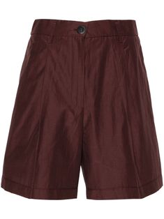 Cacao brown pleat detailing high-waisted concealed fly and button fastening rear elasticated waistband belt loops two side inset pockets pressed crease straight hem thigh-length