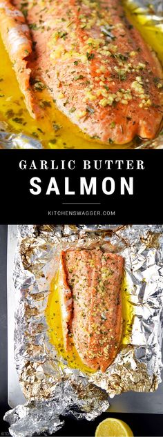 grilled salmon on foil with lemon wedges and garlic butter in the background text overlay says, gari glutter salmon