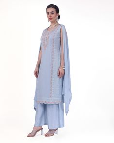 Arya Georgette Tiki Resham Embroidered Palazzo Suit. Readymade premium georgette fabric Enhanced with tiki & resham embroidery work Comes with dupatta, palazzo pants Sleeves attached as per image. Experience elegance and comfort with our Arya Palazzo Suit. Made with high-quality georgette fabric and featuring stunning Tiki Resham embroidery, this suit is perfect for any occasion. The palazzo pants provide a relaxed fit and added convenience. Semi-stitched Georgette Sets With Zari Work, Designer Silk Palazzo Set With Resham Embroidery, Silk Palazzo Set With Resham Embroidery For Designer Wear, Designer Floor-length Georgette Palazzo Set, Eid Semi-stitched Palazzo Set With Resham Embroidery, Eid Embroidered Georgette Sets, Unstitched Embroidered Georgette Palazzo Set, Georgette Palazzo Set With Resham Embroidery And Straight Kurta, Mulmul Palazzo Set With Zari Work And Straight Kurta