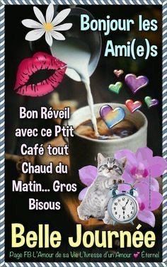 an advertisement for a coffee shop featuring a cat and a cup of coffee with the words bonjou les amiles on it