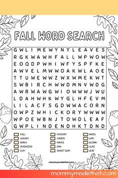 the fall word search is shown in black and white with an orange border around it