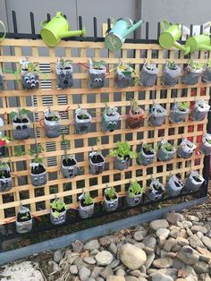 a wooden trellis with potted plants and watering hoses attached to the fence