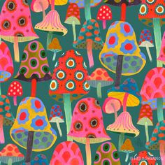 an image of colorful mushrooms on a green background for wallpaper or home decorating