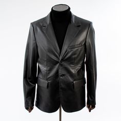 Men's Black Slim-Fit Leather Blazer Vegan Leather Classic Business Leather Jacket With Double Button, Classic Leather Jacket With Double Button For Business, Classic Leather Sport Coat With Notch Lapel, Classic Single Button Leather Jacket For Semi-formal Occasion, Classic Leather Jacket With Notch Lapel And Hidden Buttons, Classic Leather Jacket With Single Button And Notch Lapel, Classic Leather Blazer For Semi-formal Occasions, Classic Leather Jacket With Notch Lapel For Business, Classic Tailored Single Button Leather Jacket