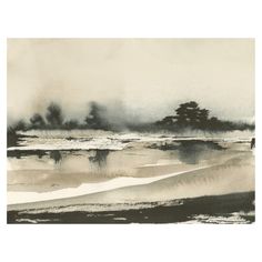 an abstract painting with black and white colors on the water, trees in the distance