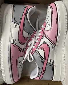 Nike Air Force 1 Sneakers Pink and grey cartoon Custom Design Same design on both shoes Brand new in original box Only 100% authentic Nike Air Force 1 Waterproof paint used. Sealed with leather paint seal and sprayed with crep protect. However take care cleaning products. Hand wiping is advisable Can also do custom Air Jordan 1 in same design. Message for more information *please note colour may vary slightly to the pictures shown as each shoe is made to order **Due to the nature of the product Orange Cartoon, Custom Air Jordan 1, Custom Air Jordan, Painted Shoes Diy, Custom Sneakers Diy, Air Force 1 Sneakers, Painted Nikes, Boty Nike, Waterproof Paint