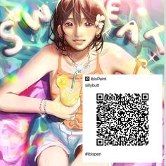 an anime character with a drink in her hand and a qr code on the screen