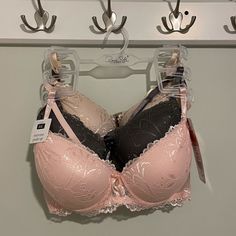 Nwt Rene Rofe 3-Pack Lace, Extreme Push-Up Bras Size 36c. Beautiful Lace Designs On Pink, Purple/Grey, And Nude Color Bras. Wire Bras With Push Up Padding. Smoke Free And Pet Free Home. Aesthetic Outfits Y2k, Pretty Bras, Lace Designs, Oc Inspo, Outfits Y2k, Push Up Pads, Cute Bras, Sleep Wear, Jewelry Outfit