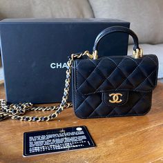 Excellent Condition Includes Box Card Dustbag 5”X3.5”X1” 21” Strap Drop Lambskin Black Chanel Top Handle, Chanel Top, Box Card, Chanel Bags, Chanel Bag, Mini Bag, Top Handle, Coin Purse, Dust Bag