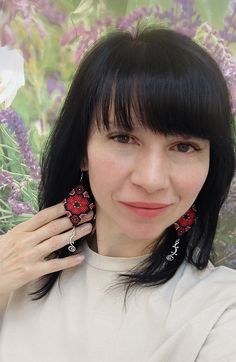 Beautiful Big earrings with a red flower and an original pendant Made from Czech beads Hypoallergenic clasp Length 4.2 inches (10.5cm) Width 1.5 inches (4cm)