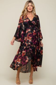 Burgundy Floral Chiffon Wrap Front Hi-Low Maternity Dress– PinkBlush Fall Wedding Guest Dress Maternity, Wedding Guest Dress Maternity, Maternity Wedding Guest Dress, Winter Maternity Dress, Chiffon Maternity Dress, Pregnant Wedding Dress, Winter Maternity, Fall Wedding Guest Dress, Chiffon Wrap