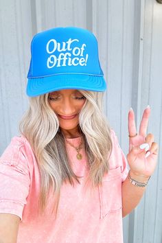 College Blue Out of Office Graphic Trucker Hat - Madison and Mallory Blue Fun Snapback Hat For Summer, Fun Blue Snapback Hat For Summer, Fun Blue Trucker Hat For Vacation, Trendy Blue Trucker Hat For Vacation, Blue Trucker Hat For Vacation, Blue Letter Print Trucker Hat For Beach, Blue Summer Trucker Hat For Travel, Summer Trucker Hat In Blue For Travel, Blue Fun Style Snapback Hat