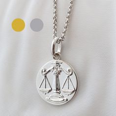 "This beautiful minimalist sterling silver Libra scales of justice necklace is the perfect gift for any justice loving lawyer or graduate or anyone who loves aesthetic symmetry and minimalist clean look. This geometric necklace features a detailed hand carved coin with scales of justice or also libra zodiac symbol. Collect all 12 zodiac signs form our one of a kind hand carved collection in solid silver or gold or set up with birthstones of each sign! Give this necklace as a birthday gift, anniv Elegant Sterling Silver Zodiac Sign Necklace, Silver Sterling Zodiac Sign Charm Necklace, Elegant Zodiac Sign Charm Necklace With Round Pendant, Minimalist Silver Zodiac Sign Necklace, Minimalist Sterling Silver Zodiac Necklace, Minimalist Silver Necklace With Zodiac Sign, Elegant Sterling Silver Zodiac Sign Jewelry, Elegant Sterling Silver Zodiac Jewelry, Loves Aesthetic