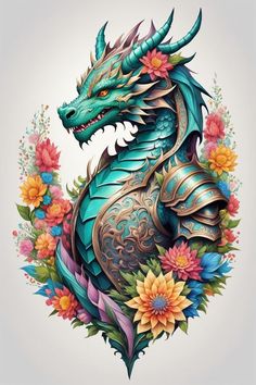 a blue dragon with flowers around it's neck