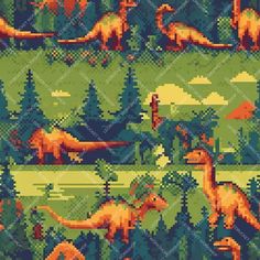 an image of pixelated dinosaurs in the forest with trees and bushes on it's side