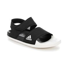 Synthetic strap upper with fabric lining, Adjustable ankle strap with Velcro closure, Open round toe, Contoured foam footbed and traction outsole, adidas® branding details including iconic three stripes | Women's Adidas Adilette 2 Sport Sandals in Black/White Size Men's 11 / Women's 12 Adidas Non-slip Sandals For Sports, Adidas Synthetic Sport Sandals With Cushioned Footbed, Black Adidas Logo Sandals, Adidas Sandals With Logo, Synthetic Material, Sports Open Toe Slides With Adidas Logo, Open Toe Adidas Slides For Sports, Sports Slides With Adidas Logo And Open Toe, Adidas Open Toe Sandals With Logo, Adidas Cushioned Sports Sandals