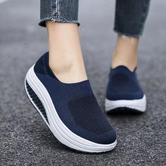 There are several eye-catching hues for these Soft Mesh Women Platform Sneakers to choose from. They have a contemporary, stylish, and beautiful aesthetic. This rubber sole is durable and offers continuous daily use. These are very plush and padded to give you the greatest level of comfort. Footwear to last you a lifetime: This is a really good quality material shoe. It's made of a solid material that will last an eternity. Perfect for running, walking, and any outdoor activity you want to do. T Comfortable Slip-on Sneakers With Round Toe For Walking, Comfortable Sneakers With Thick Bottom And Round Toe, Sporty Slip-on Sneakers With Thick Bottom, Casual Flat Thick Bottom Sneakers, Casual Sneakers With Arch Support And Round Toe, Casual Slip-on Sneakers For Light Exercise, Trendy Blue Platform Sneakers For Sports, Slip-on Sneakers With Round Toe For Light Exercise, Slip-on Sneakers For Light Exercise With Rubber Sole