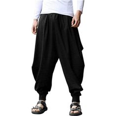 - Color: Black - Cotton Linen --- The Men's Baggy Harem Pants Are Made Of Soft Cotton And Linen Fabric, Comfortable And Lightweight, Skin-Friendly And Breathable, Making You Cool And Relaxed All The Time In Summer And Fall. - Harem Design --- Dress Up This Loose Yoga Trouser With Wide Legs And 2 Slant Side Pockets To Keep Your Keys Or Cell Phone Safe, Boho And Hippie Style, Creating You Trendy And Hippie Looking In The Crowd. - Elastic Waist --- This Leisure Harem Trouser Features With Elastic W Baggy Fantasy Pants, Japanese Harem Pants, Baggy Wide Leg Hip Hop Harem Pants, Baggy Wide Leg Harem Pants Hip Hop Style, Black Baggy Casual Harem Pants, Solid Tapered Leg Harem Pants For Streetwear, Baggy Harem Bottoms For Fall, Black Baggy Wide-leg Sweatpants, Black Wide-leg Cargo Pants For Summer