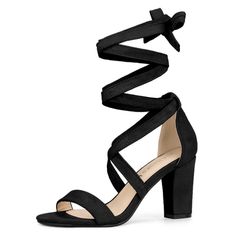 An essential summer lace-up heel sandal features simple crisscross decorated straps, a mid-block heel, and work-to-weekend-to-wherever versatility. Mid Heel Lace Up Sandals; Vamp: Faux Suede; Outsole: Rubber; Heel: ABS; Heel Height: 3 1/3. Size: 7. Color: black. Gender: female. Age Group: adult. Pattern: Solid. High Heels For Teens, Heels Sandals Black, Comfy Heels, Lace Up Block Heel, Mid Heel Sandals, Back To College, Womens Chunky Heels, Block Heel Shoes, Chunky Heels Sandals