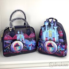 two purses are sitting on a shelf next to each other, one has a castle and the other has a princess's face painted on it