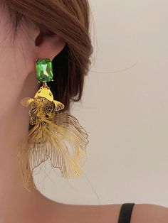 Animal Shape Rhine Stones Drop Earrings GOLD-One_size Party Green Gold-plated Earrings, Yellow Gold Plated Party Earrings, Ethereal Jewelry, Cotton Dresses Summer, Neck Wrinkles, Dress Stand, Leisure Fashion, Cotton Shirt Dress, Earrings Accessories