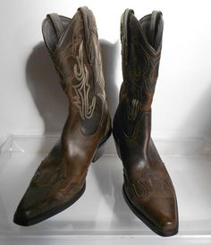 "Leather upper Man made materials Great condition - slight wear signs Copper inlay Dimensions: Length 12\" Ball for foot 4\" Heel height 2 1/4\"" Western Boots For Men, Mens Cowboy, Harness Boots, Cowboy Western, Mens Shoes Boots, Boots Brown, Western Cowboy Boots, Brown Leather Boots, Western Cowboy