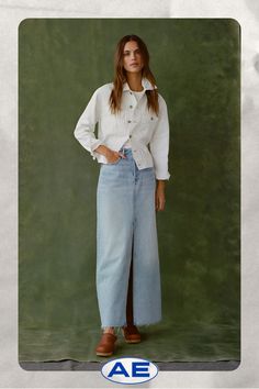 Rigid 90s-inspired denim/Button fly/Authentic 5-pocket styling with hand-set rear pockets and handcrafted hinged bartacks/Low-impact, sustainable wash for an authentic vintage aesthetic/Constructed using sustainably sourced thread, organic pocket bag Denim Maxi, Denim Maxi Skirt, 90s Inspired, Pocket Bag, Premium Denim, Vintage Aesthetic, Women's Jeans, American Eagle Outfitters, Maxi Skirt