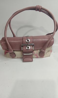 Vintage pink canvas and leather hand bag.  Bag is 11in wide 5in tall double 23in handle Designer Pouch Satchel With Leather Handles, Designer Canvas Shoulder Bag With Handles, Spring Leather Satchel With Double Handle, Spring Leather Bags With Detachable Handle, Leather Satchel With Double Handle For Spring, Leather Bags With Detachable Handle For Spring, Spring Leather Top Handle Bag, Leather Top Handle Bag For Spring, Coated Canvas Pouch Shoulder Bag With Top Handle